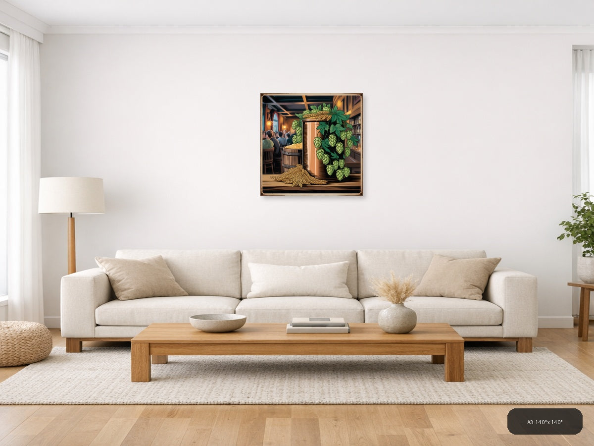 Vintage Brewery Scene with Hops & Barrel Wall Art — A3 / Living Room