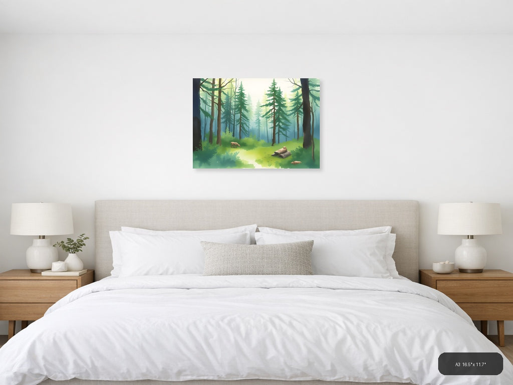 Misty Forest Stream with Wildlife Watercolor Wall Art — A3 / Bedroom