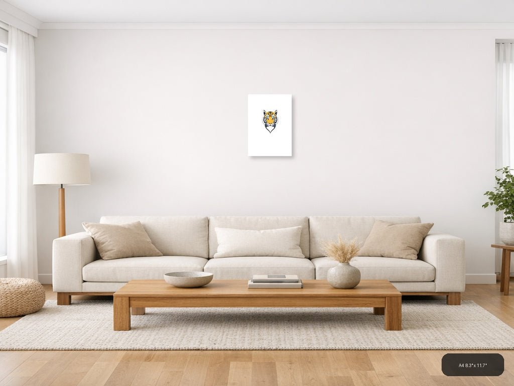 Minimalist Tiger Head Portrait Yellow & Black Wall Art — A4 / Living Room
