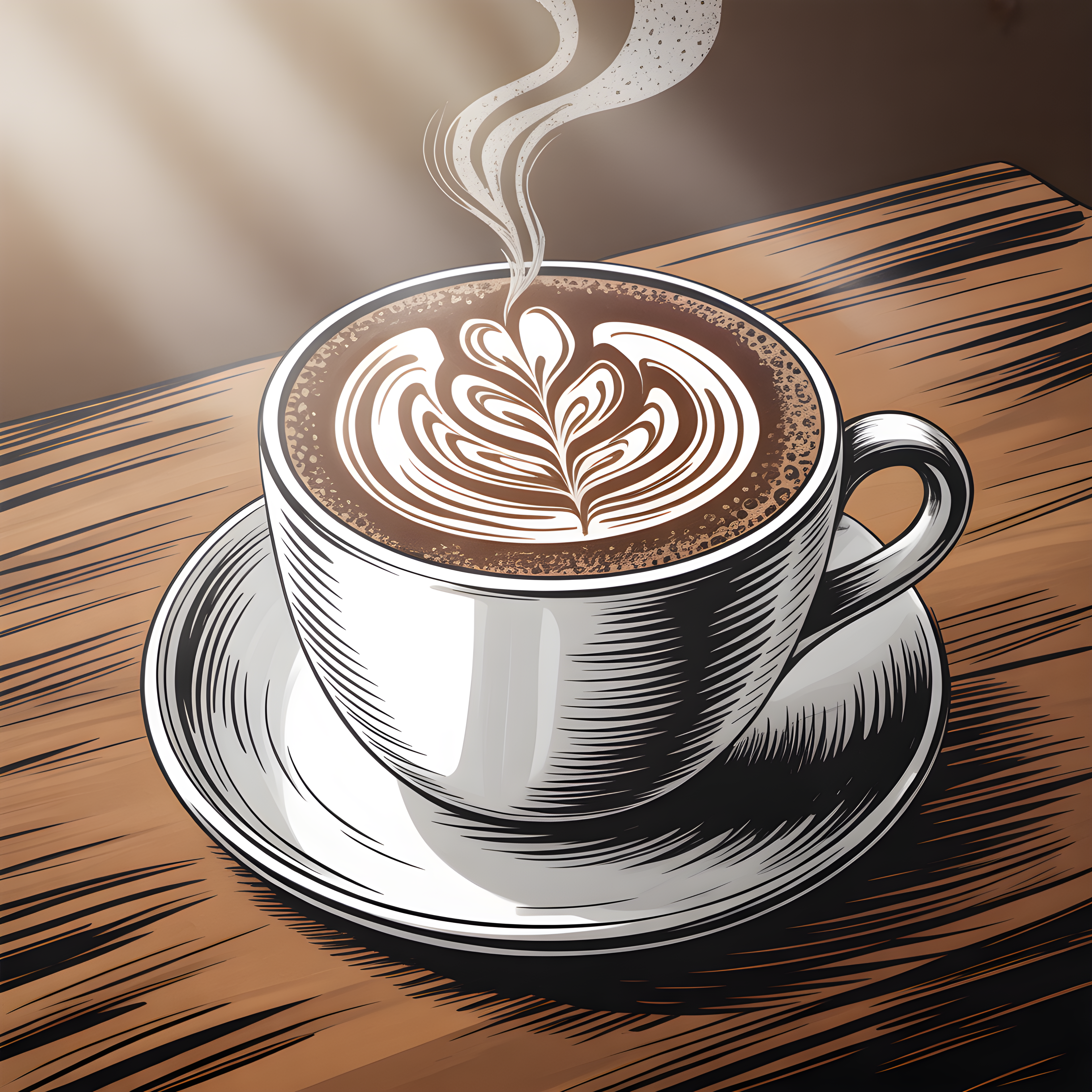 Latte Art Coffee Cup Line Art Drawing Wall Art