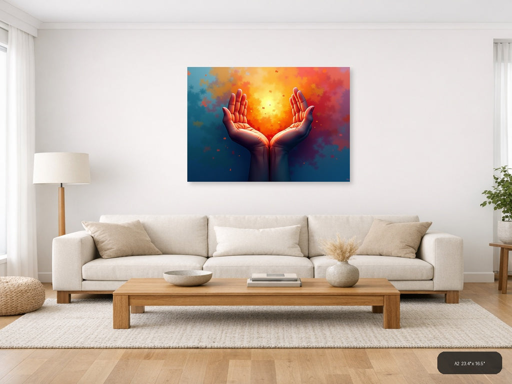 Glowing Hands Abstract Light Burst Modern Wall Art — A2 / Living Room