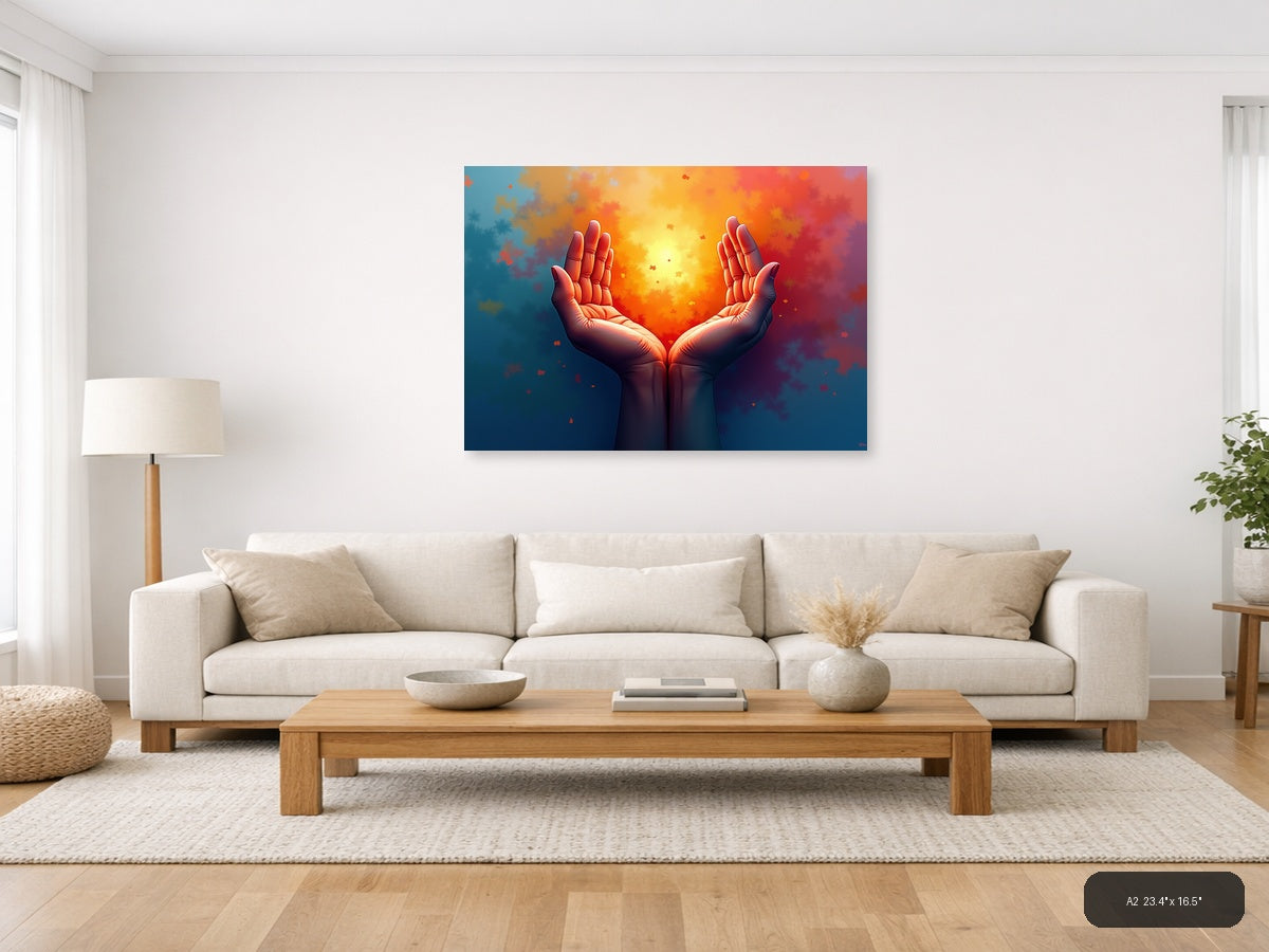 Glowing Hands Abstract Light Burst Modern Wall Art — A2 / Living Room