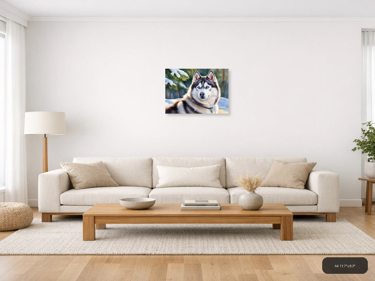 Siberian Husky Blue Eyes Winter Forest Watercolor Wall Art — A4 / Living Room