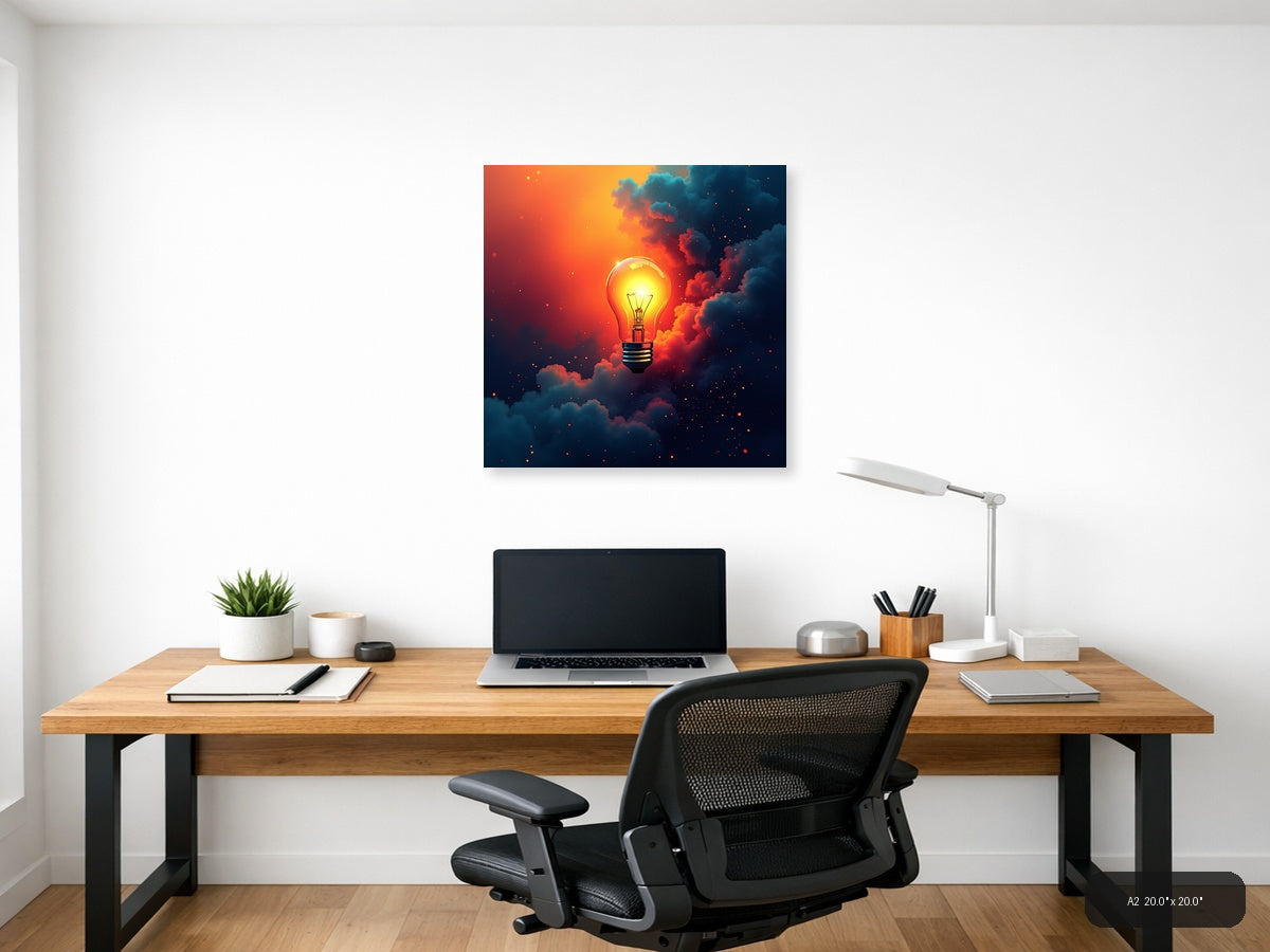 Glowing Lightbulb in Fiery Clouds | Abstract Canvas Print Wall Art — A2 (Office)
