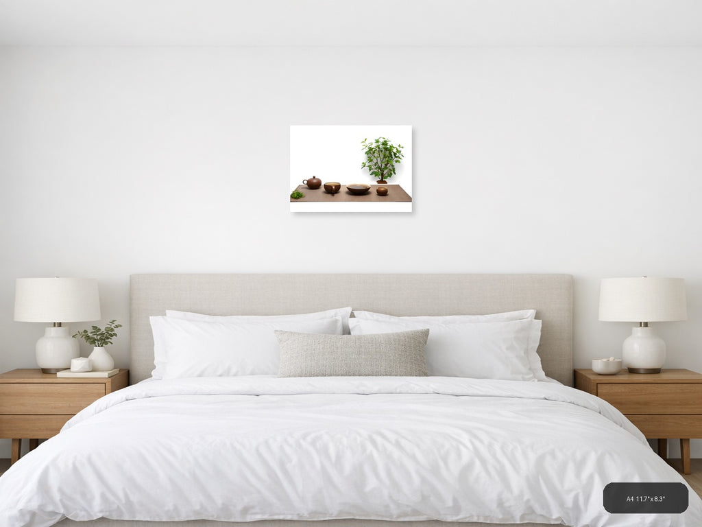 Minimalist Tea Ceremony Setup with Green Plant Wall Art — A4 / Bedroom