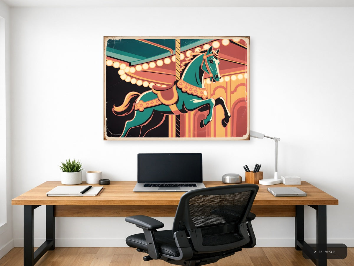 Vintage Carousel Horse Teal & Gold Wall Art — A1 / Office