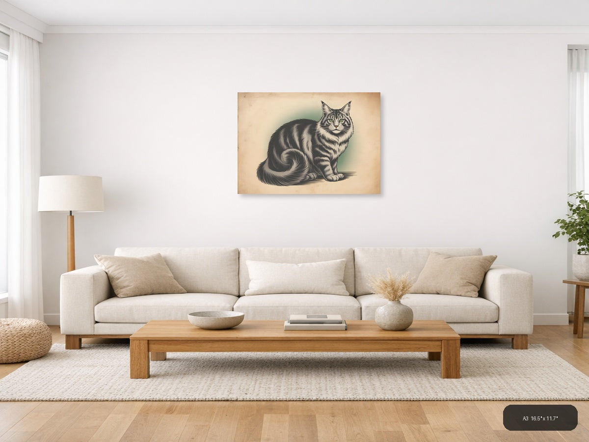 Vintage Tabby Cat Portrait with Green Eyes Wall Art — A3 / Living Room