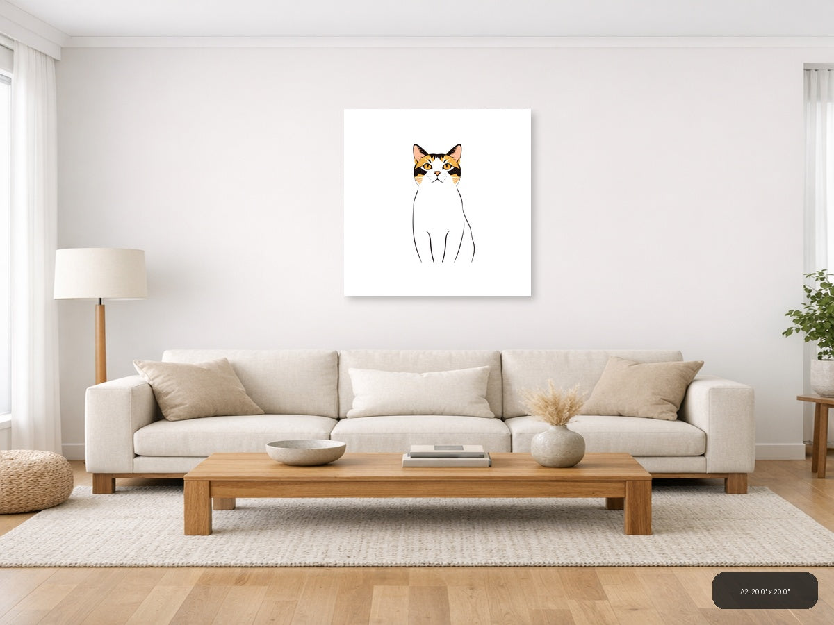 Calico Cat with Golden Eyes | Minimalist Line Art Wall Art — A2 (Living Room)