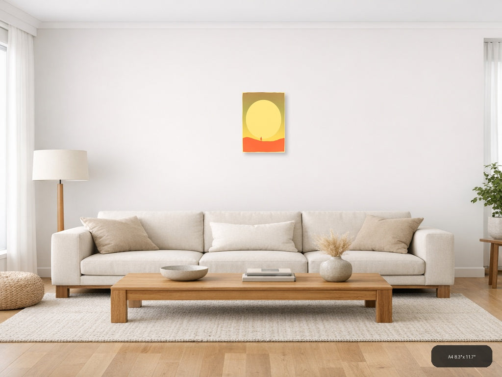 Vintage Sunset Desert Wanderer Silhouette Wall Art — A4 / Living Room