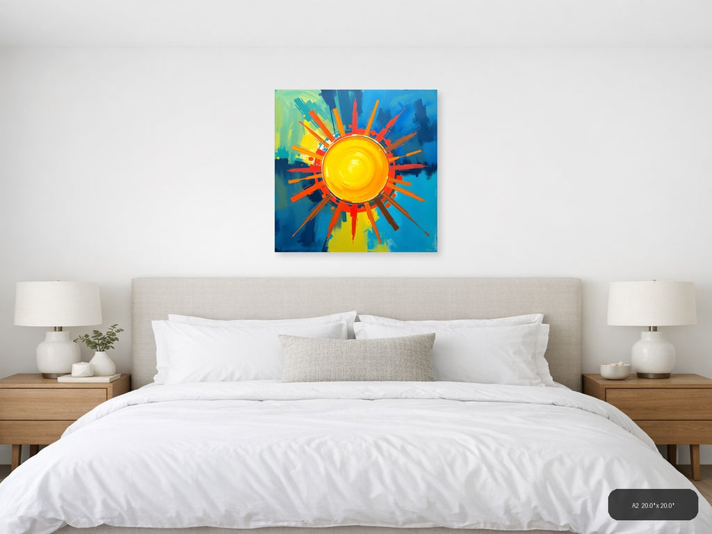 Abstract Sun Burst Modern Art | Vibrant Yellow Blue Wall Art — A2 / Bedroom