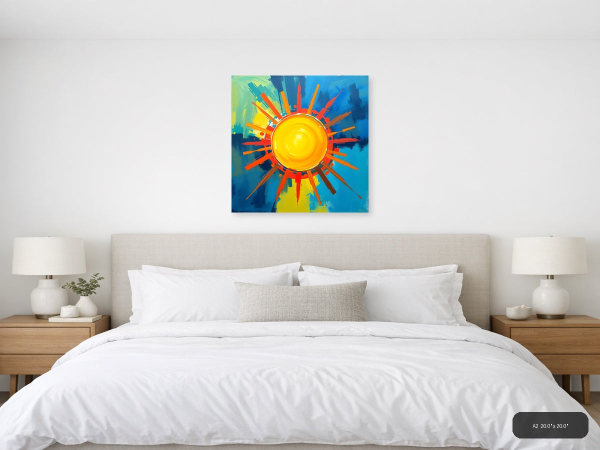 Abstract Sun Burst Modern Art | Vibrant Yellow Blue Wall Art — A2 / Bedroom