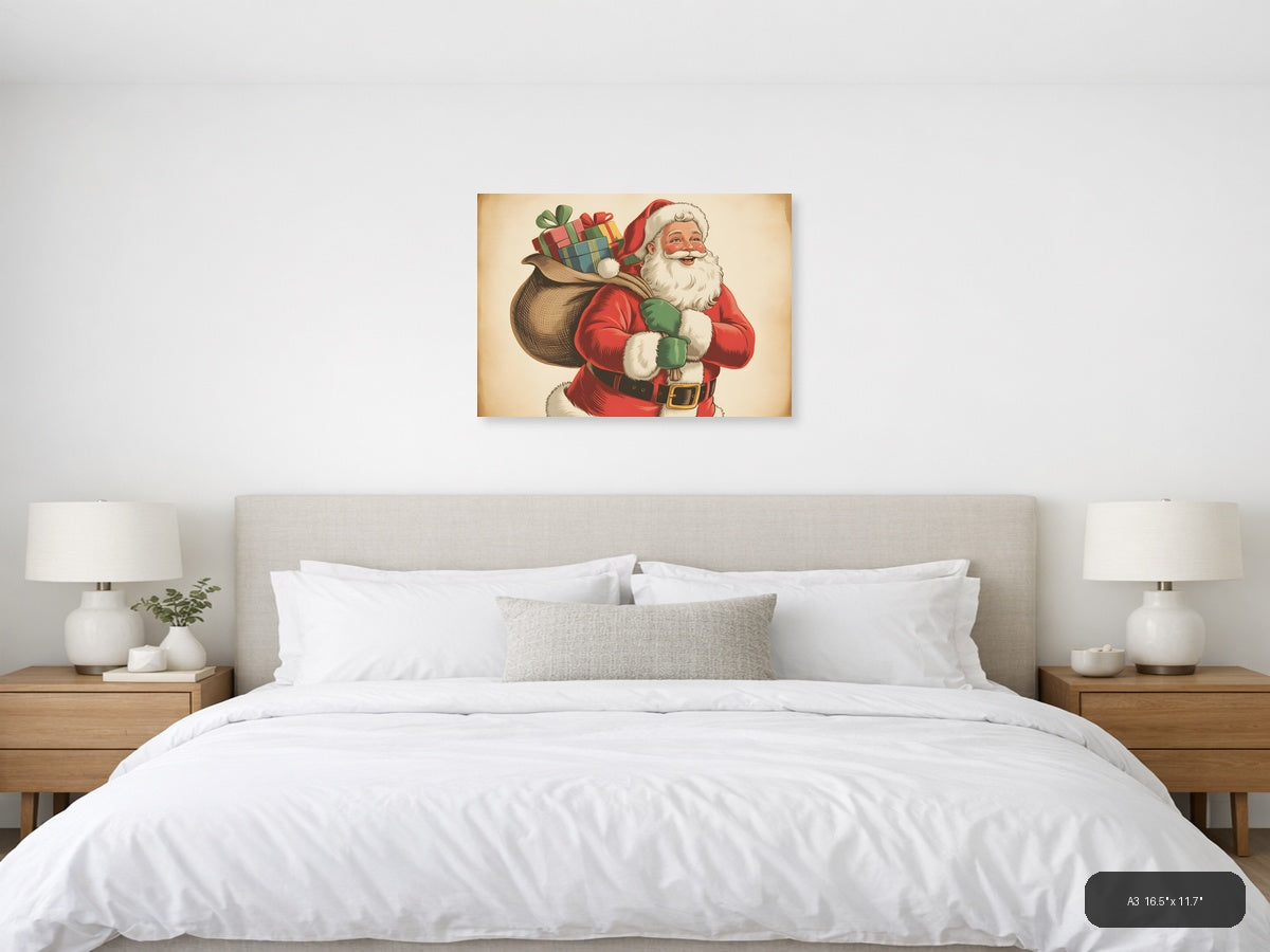 Vintage Santa Claus with Gifts Illustration Wall Art — A3 / Bedroom