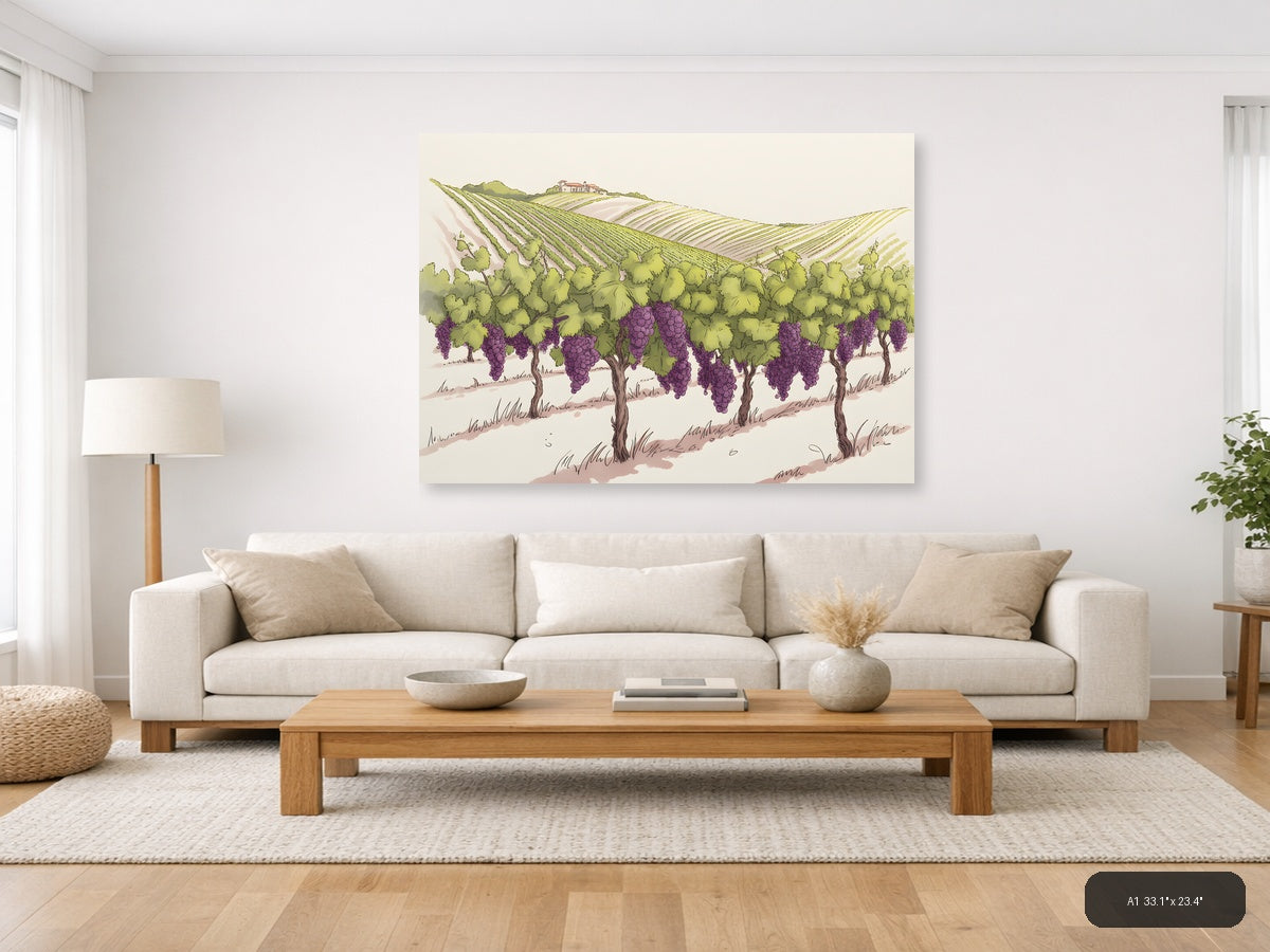 Vineyard Landscape with Purple Grapes Line Art Wall Art — A1 / Living Room