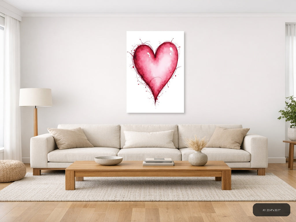 Pink Watercolor Heart with Line Art Splatter Wall Art — A1 / Living Room