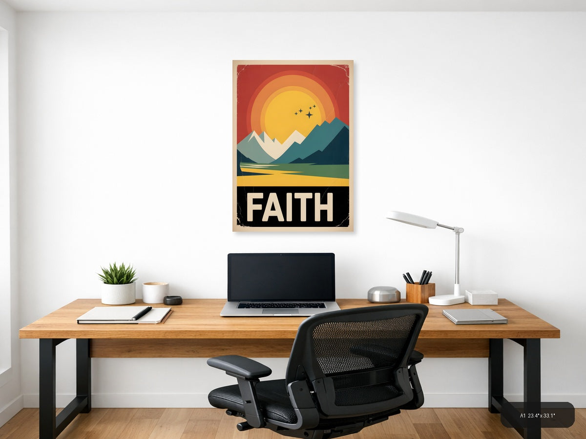 Vintage Faith Mountain Sunset Wall Art Print — A1 / Office