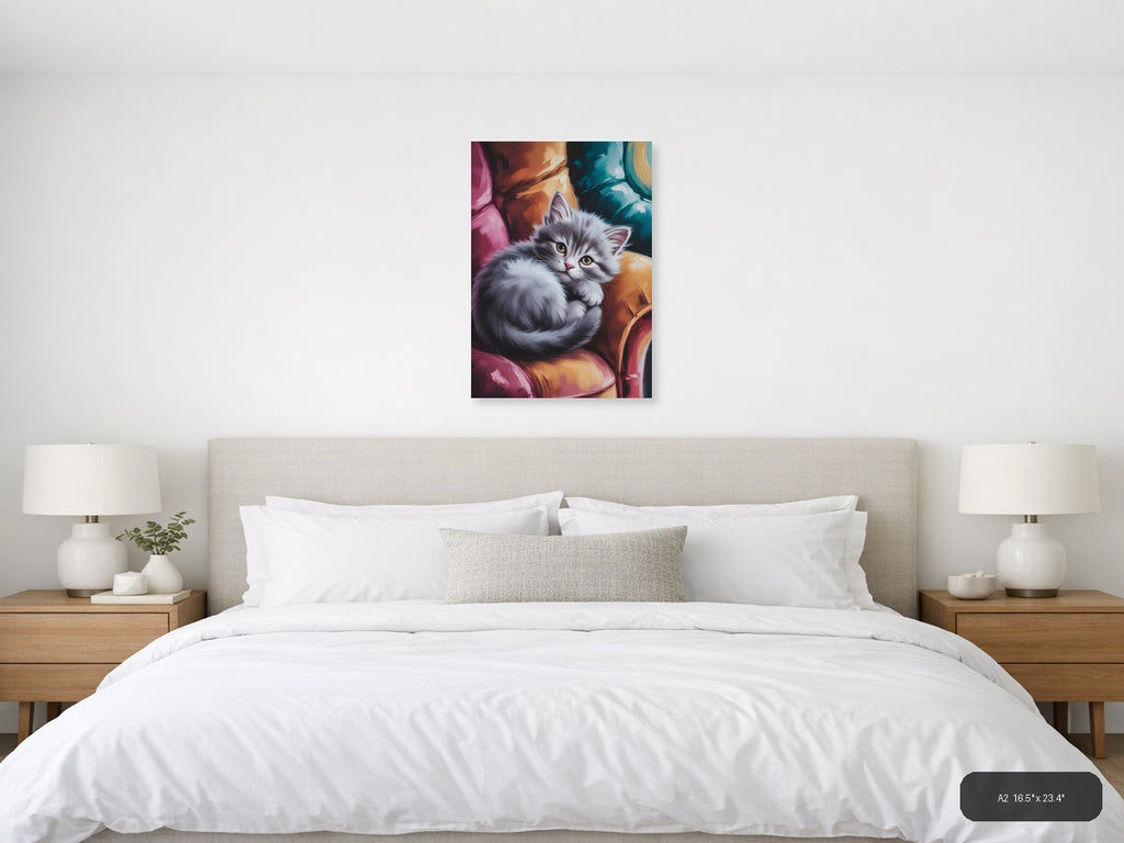 Fluffy White Kitten Abstract Colorful Wall Art — A2 / Bedroom