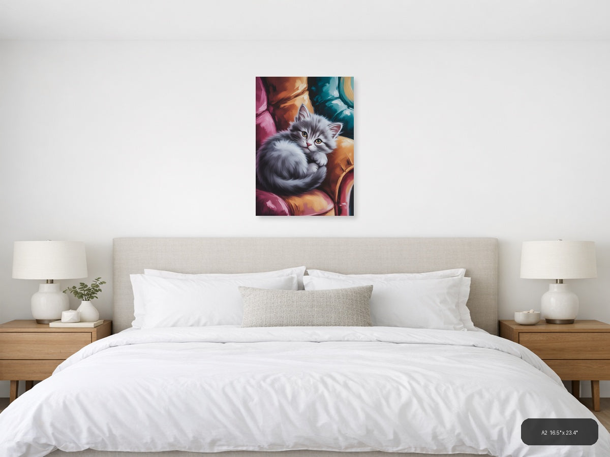Fluffy White Kitten Abstract Colorful Wall Art — A2 / Bedroom