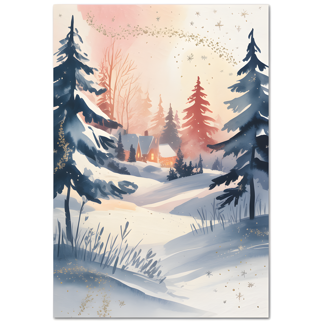 Winter Cabin Snow Forest Watercolor Wall Art