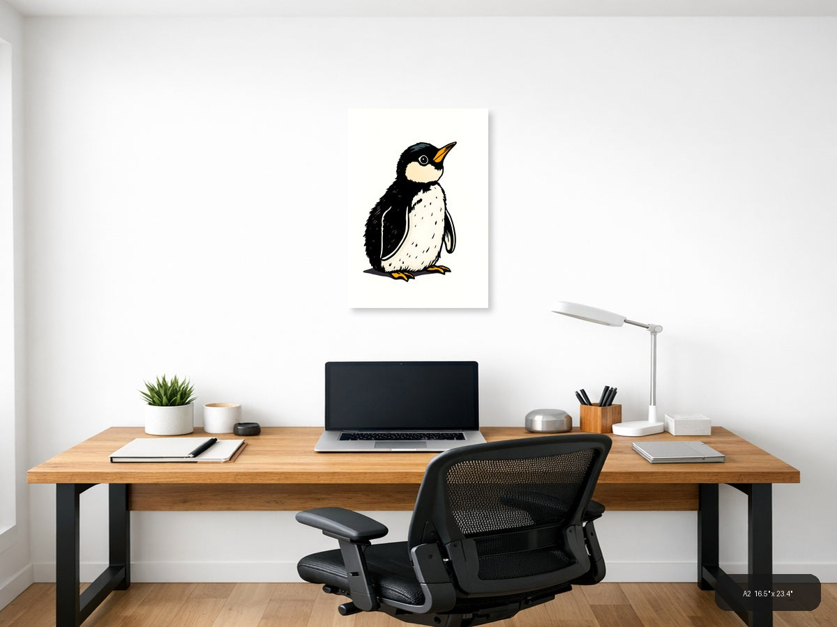Vintage Penguin Illustration Black White Wall Art — A2 / Office