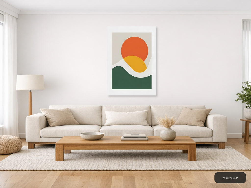 Minimalist Sunset Landscape with Circle and Wave Wall Art — A1 / Living Room