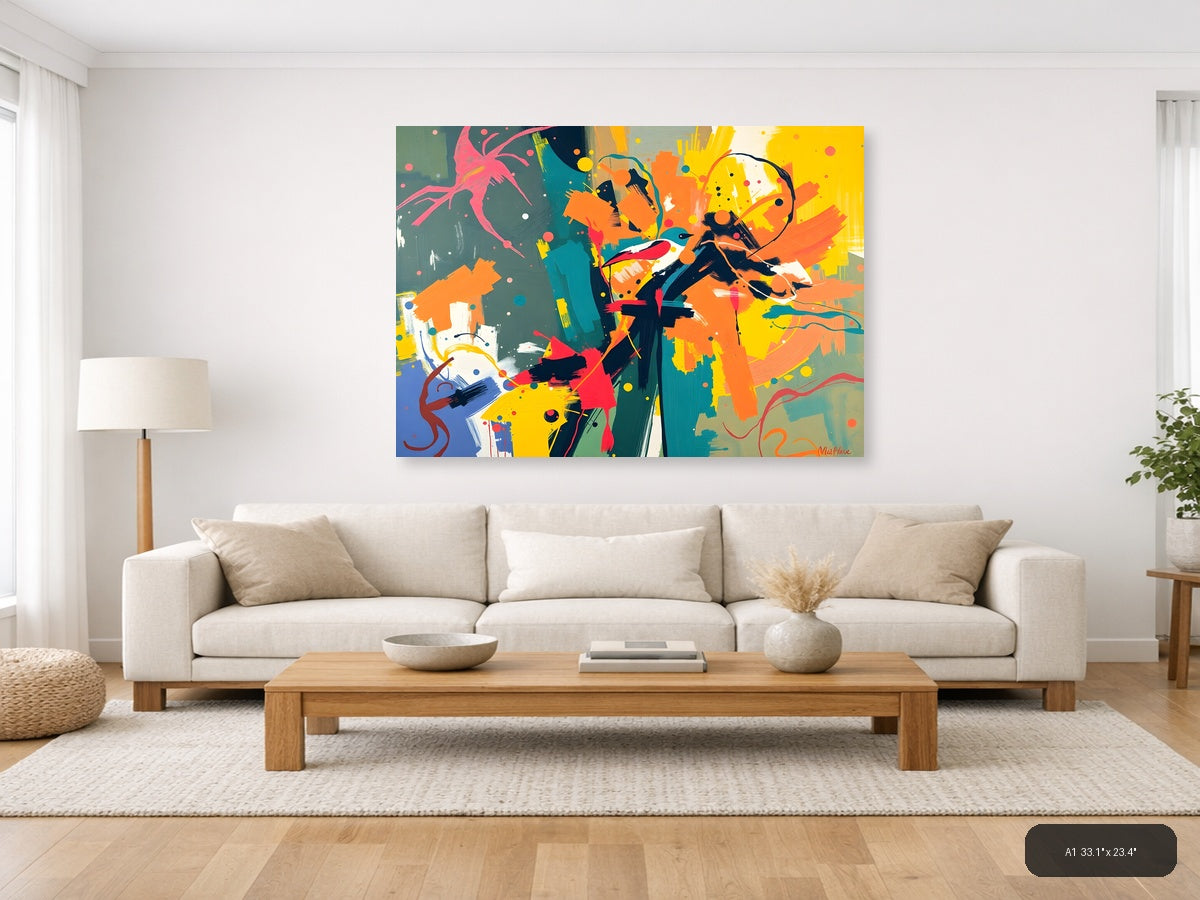 Vibrant Abstract Bird & Botanical Splash Wall Art — A1 / Living Room