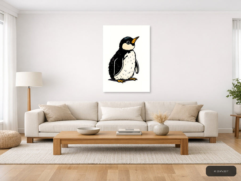 Vintage Penguin Illustration Black White Wall Art — A1 / Living Room