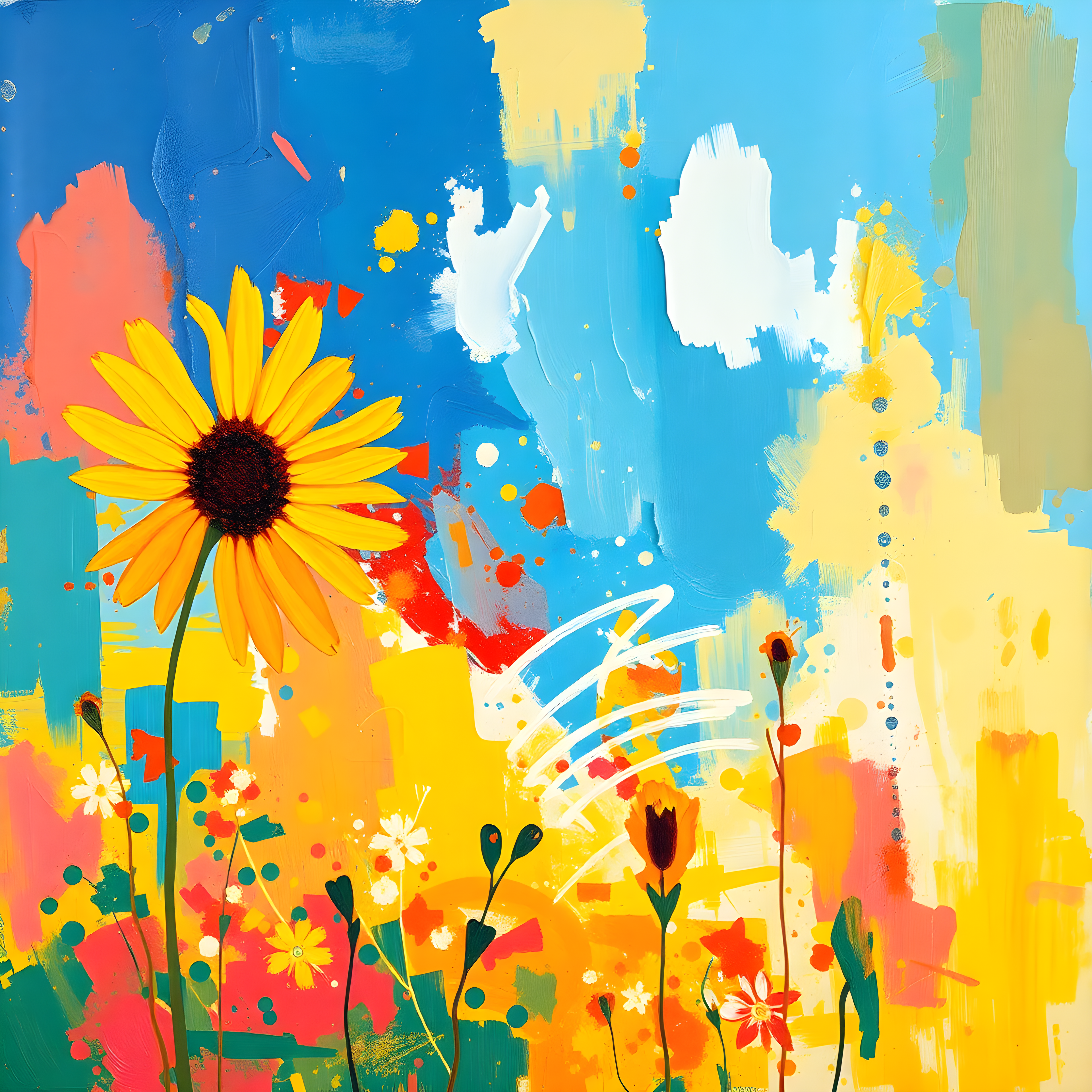 Abstract Sunflower Garden Blue Sky Wall Art