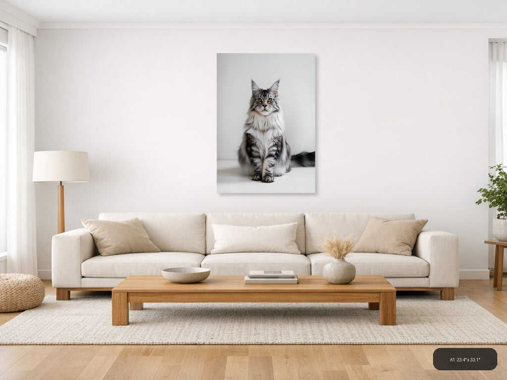 Gray Tabby Cat Portrait Minimalist Wall Art — A1 / Living Room