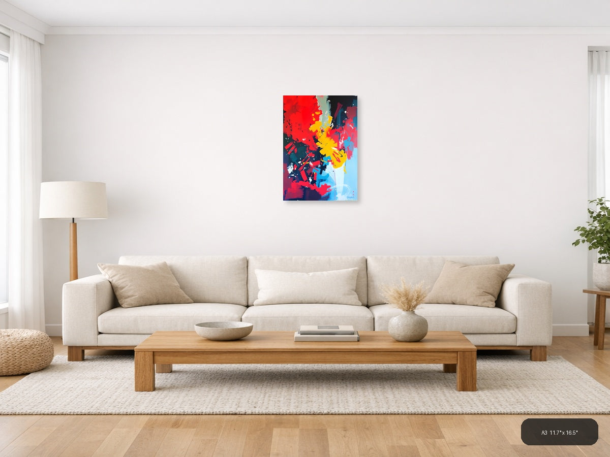 Bold Abstract Explosion Red Yellow Blue Wall Art — A3 / Living Room