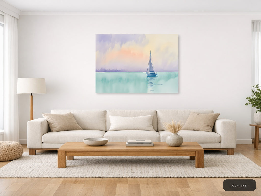 Sailboat on Turquoise Waters Watercolor Wall Art — A2 / Living Room
