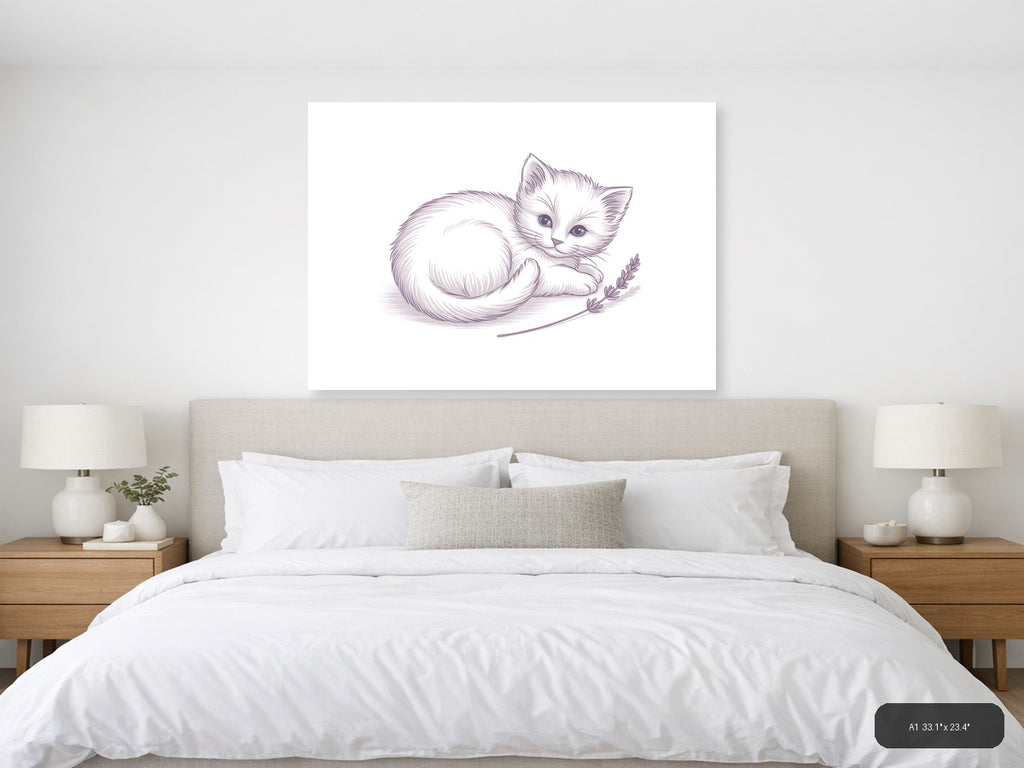 White Kitten with Lavender - Minimalist Wall Art — A1 / Bedroom