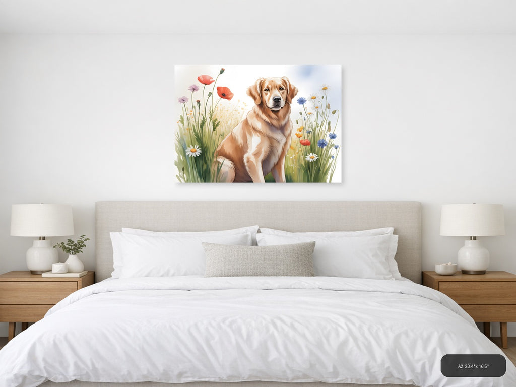 Golden Retriever in Wildflower Field Watercolor Wall Art — A2 / Bedroom