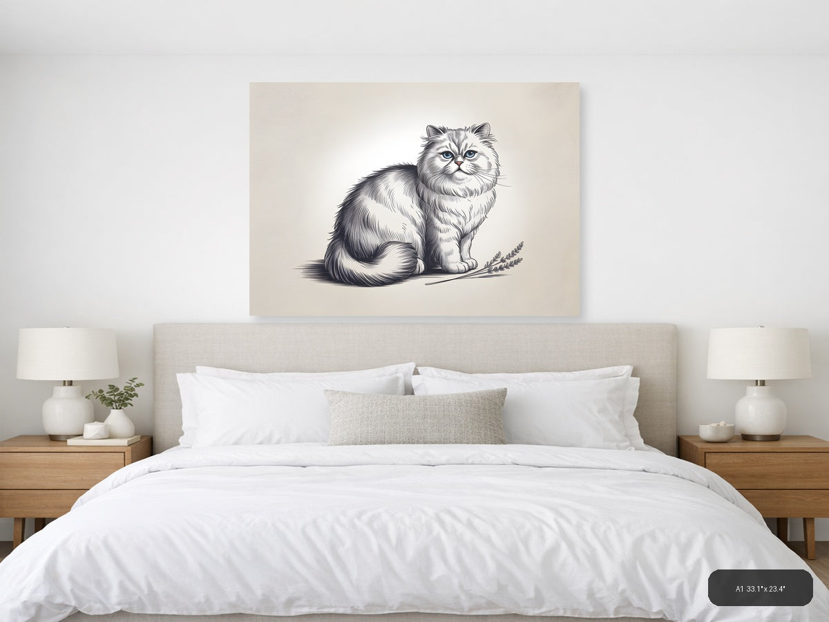 Fluffy Long-Haired Cat with Wheat Line Art Wall Art — A1 / Bedroom