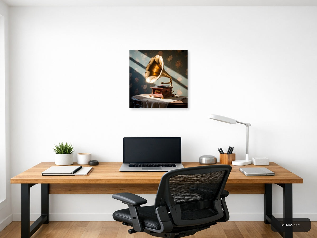 Vintage Gramophone Golden Horn Illustration Wall Art — A3 / Office