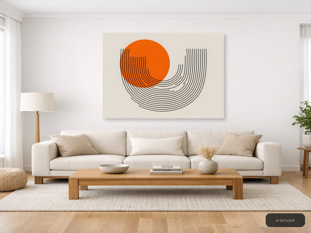 Orange Circle Line Art Modern Abstract Wall Art — A1 / Living Room