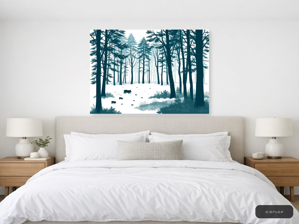 Minimalist Winter Forest with Wild Boars Wall Art — A1 / Bedroom