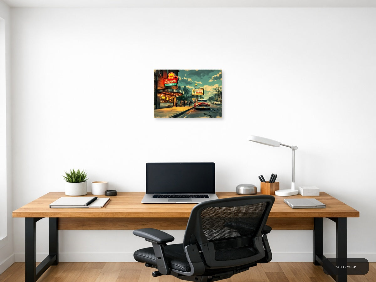 Vintage Diner Street Scene Retro Americana Wall Art — A4 / Office