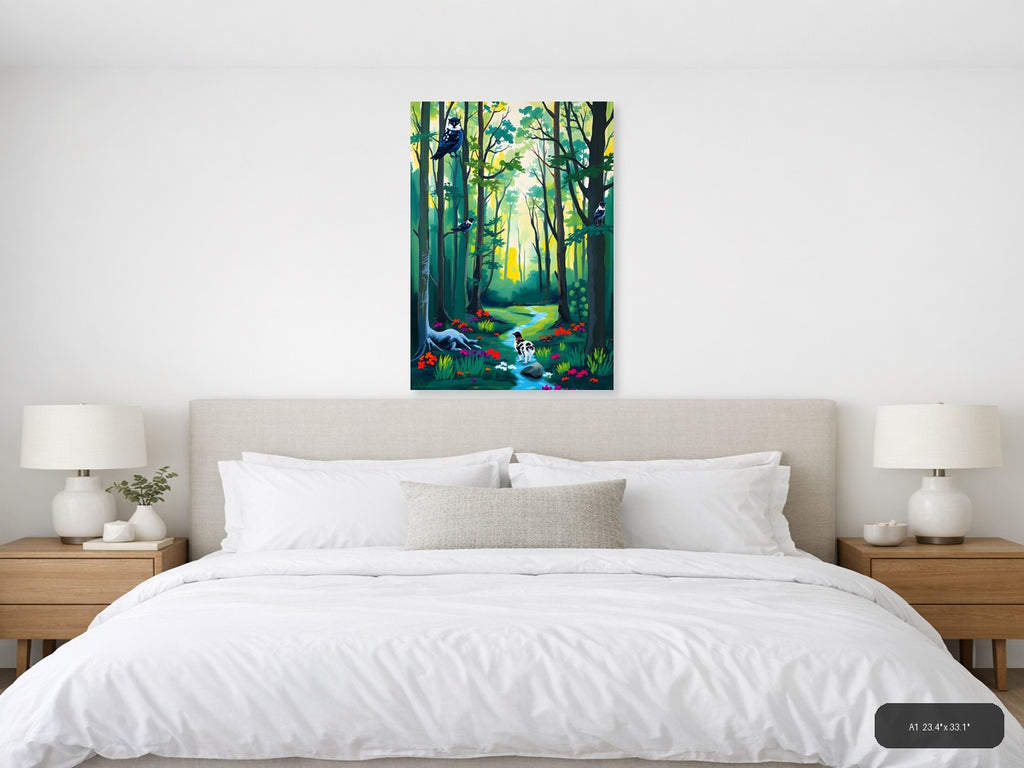 Forest Stream with Birds Abstract Wall Art — A1 / Bedroom
