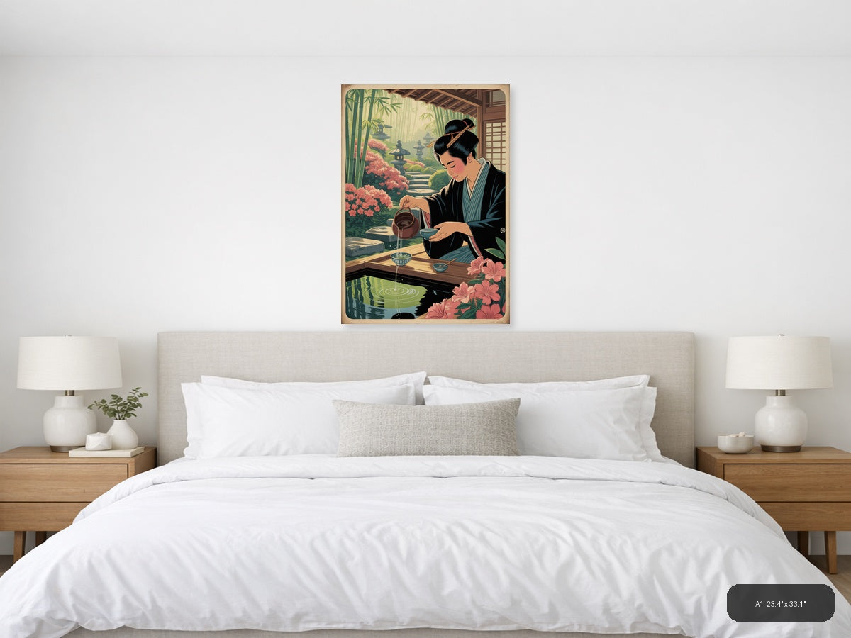 Japanese Woman Pouring Tea in Garden - Vintage Wall Art — A1 / Bedroom