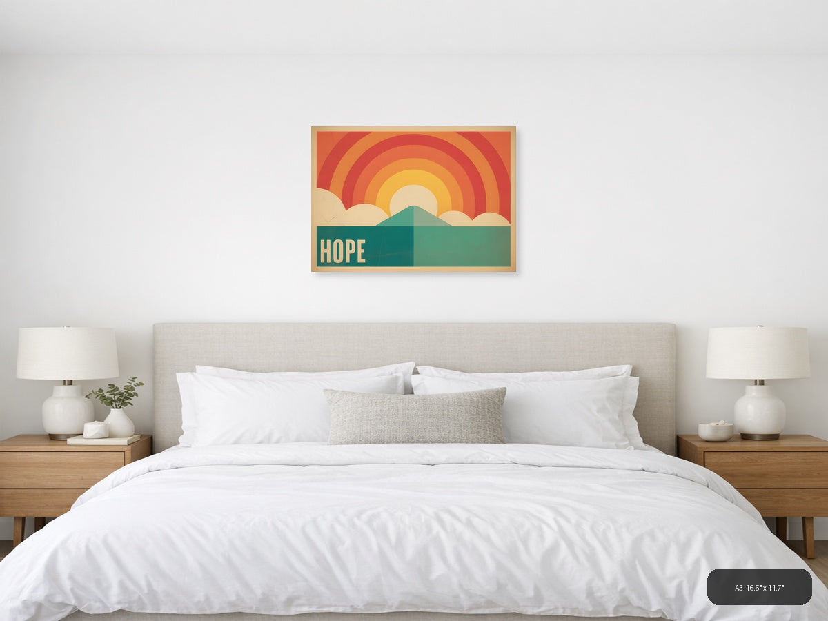 Vintage Hope Rainbow Mountain Sunrise Landscape Wall Art — A3 / Bedroom