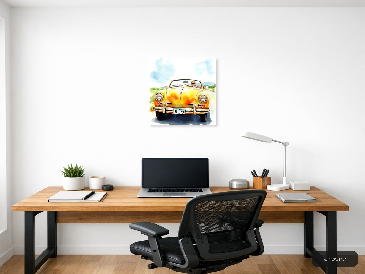 Yellow Convertible Car Watercolor Painting Wall Art — A3 / Office