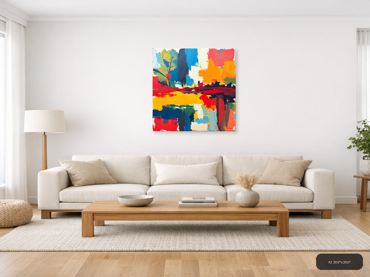 Vibrant Abstract Landscape with Blue Tower Wall Art — A2 / Living Room