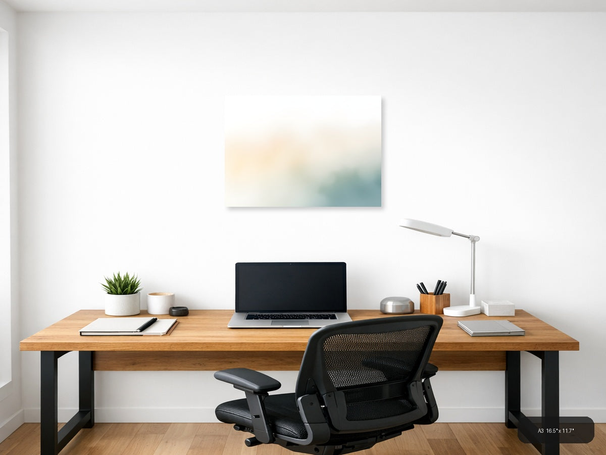 Serene Watercolor Landscape with Soft Teal & Cream Wall Art — A3 / Office