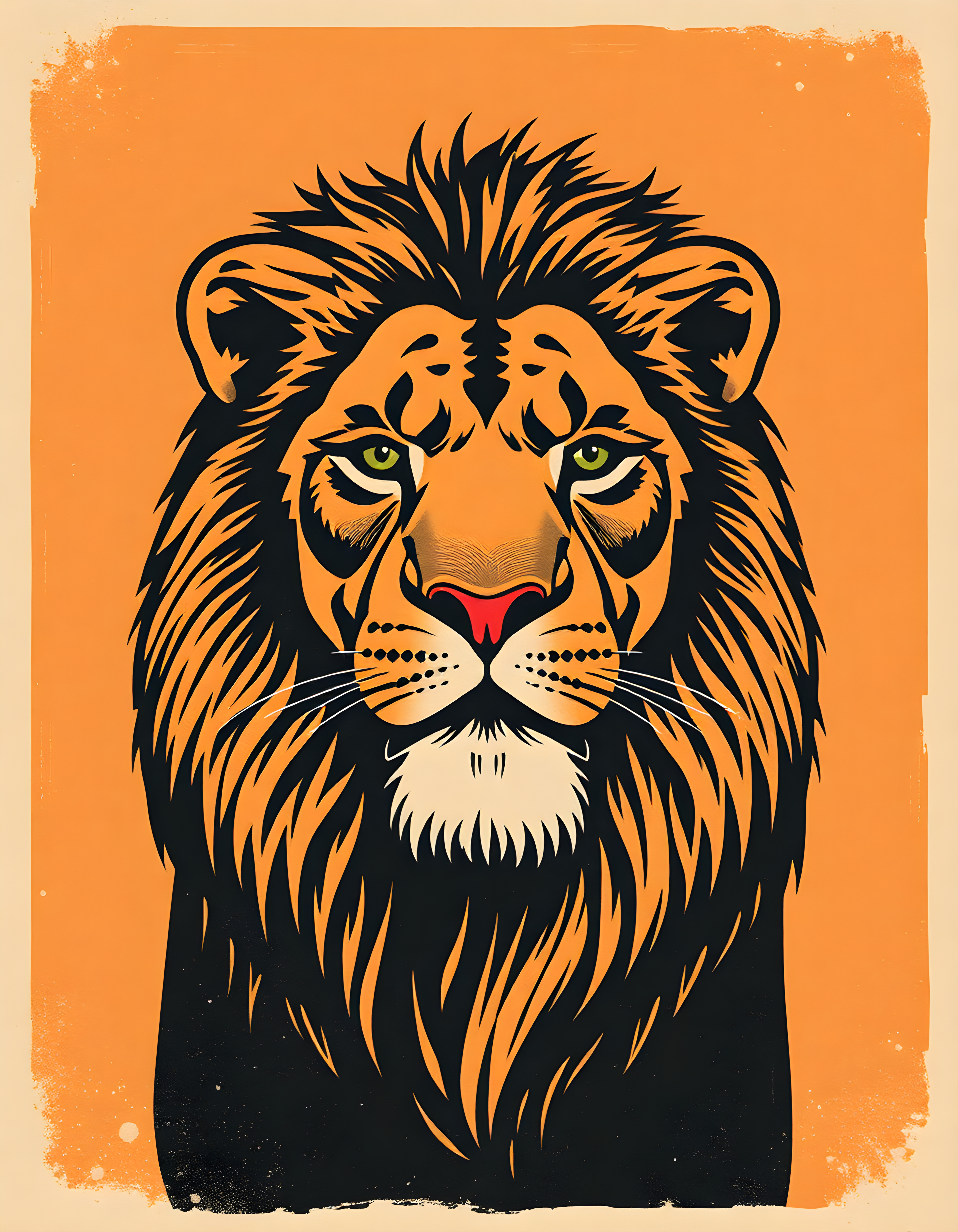 Vintage Lion Head Portrait Orange Wall Art