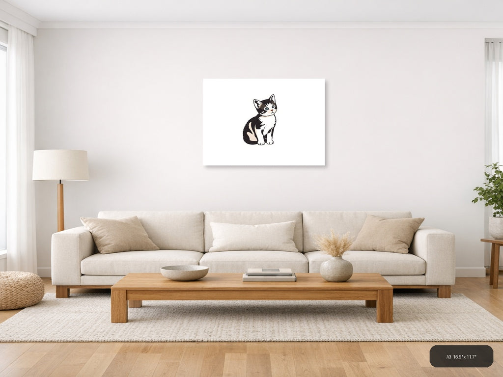 Black and White Kitten Minimalist Wall Art — A3 / Living Room
