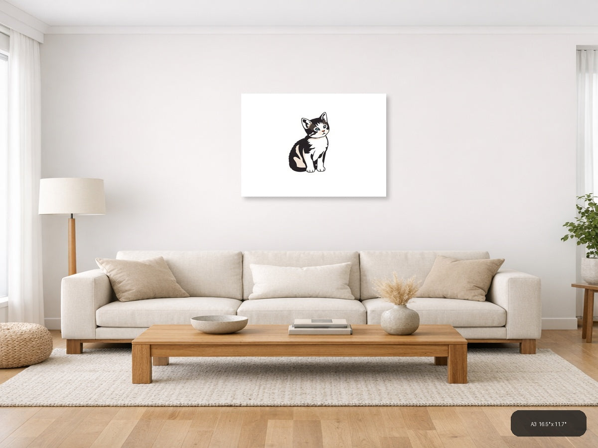 Black and White Kitten Minimalist Wall Art — A3 / Living Room