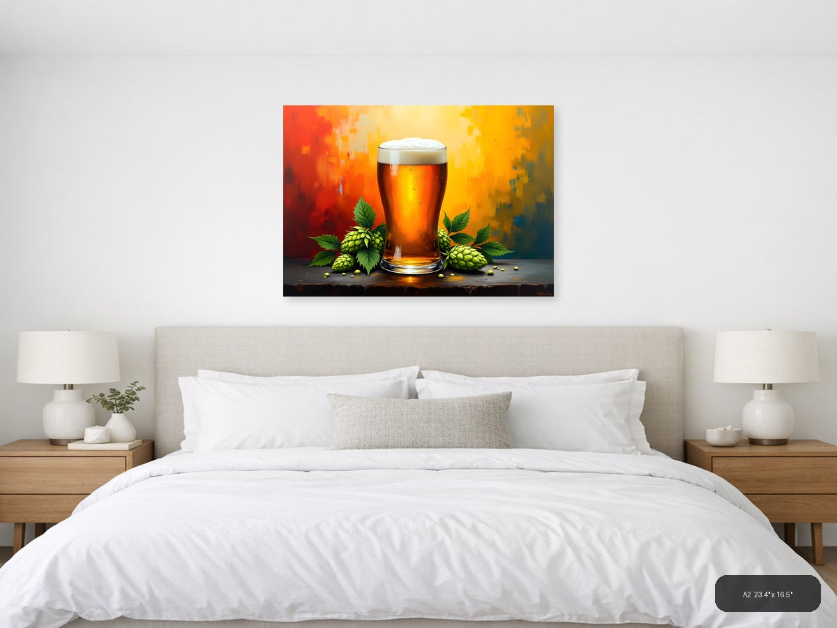 Beer Glass Hops Abstract Orange Yellow Wall Art — A2 / Bedroom