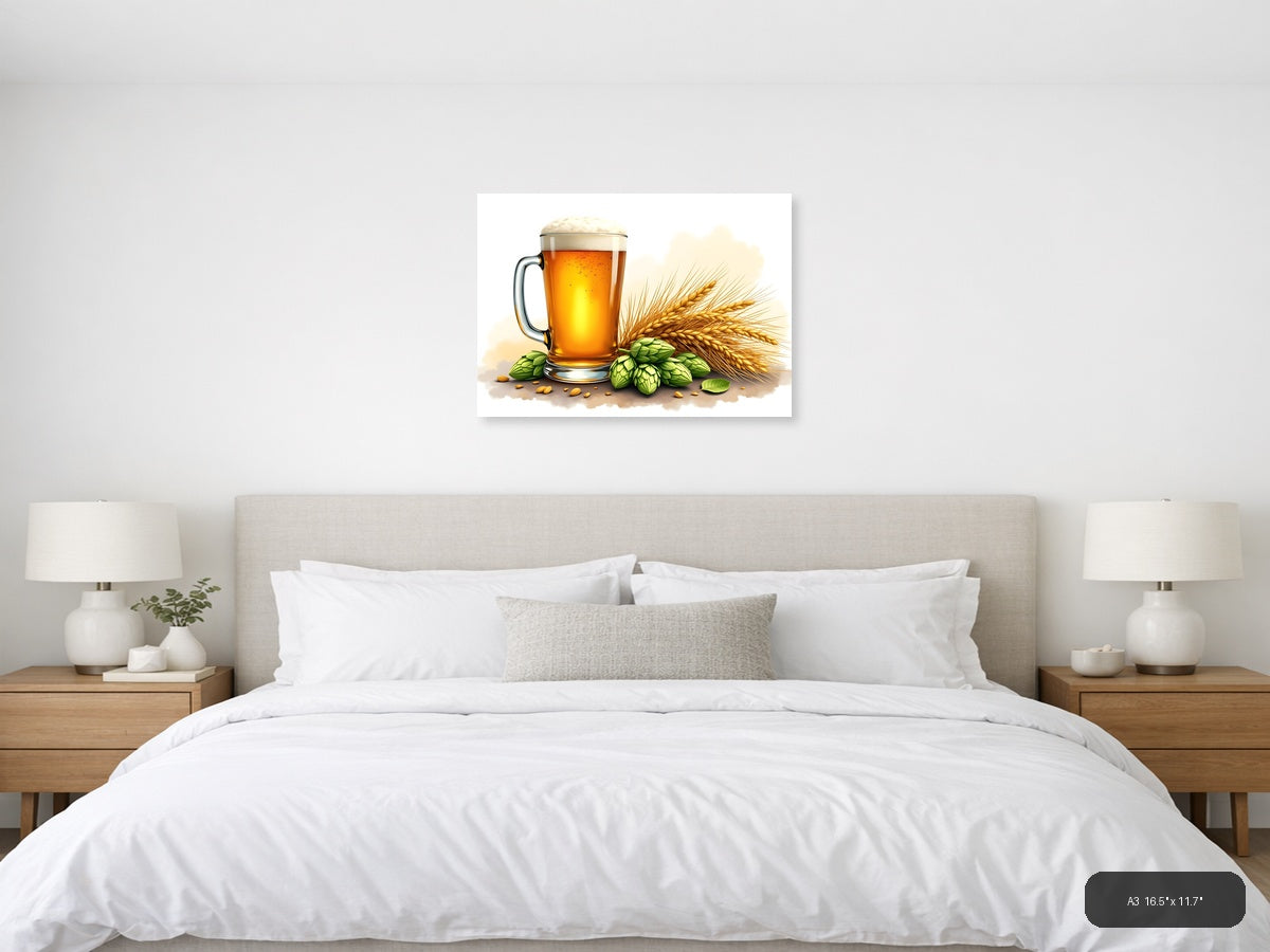 Beer, Hops & Barley Watercolor Illustration Wall Art — A3 / Bedroom