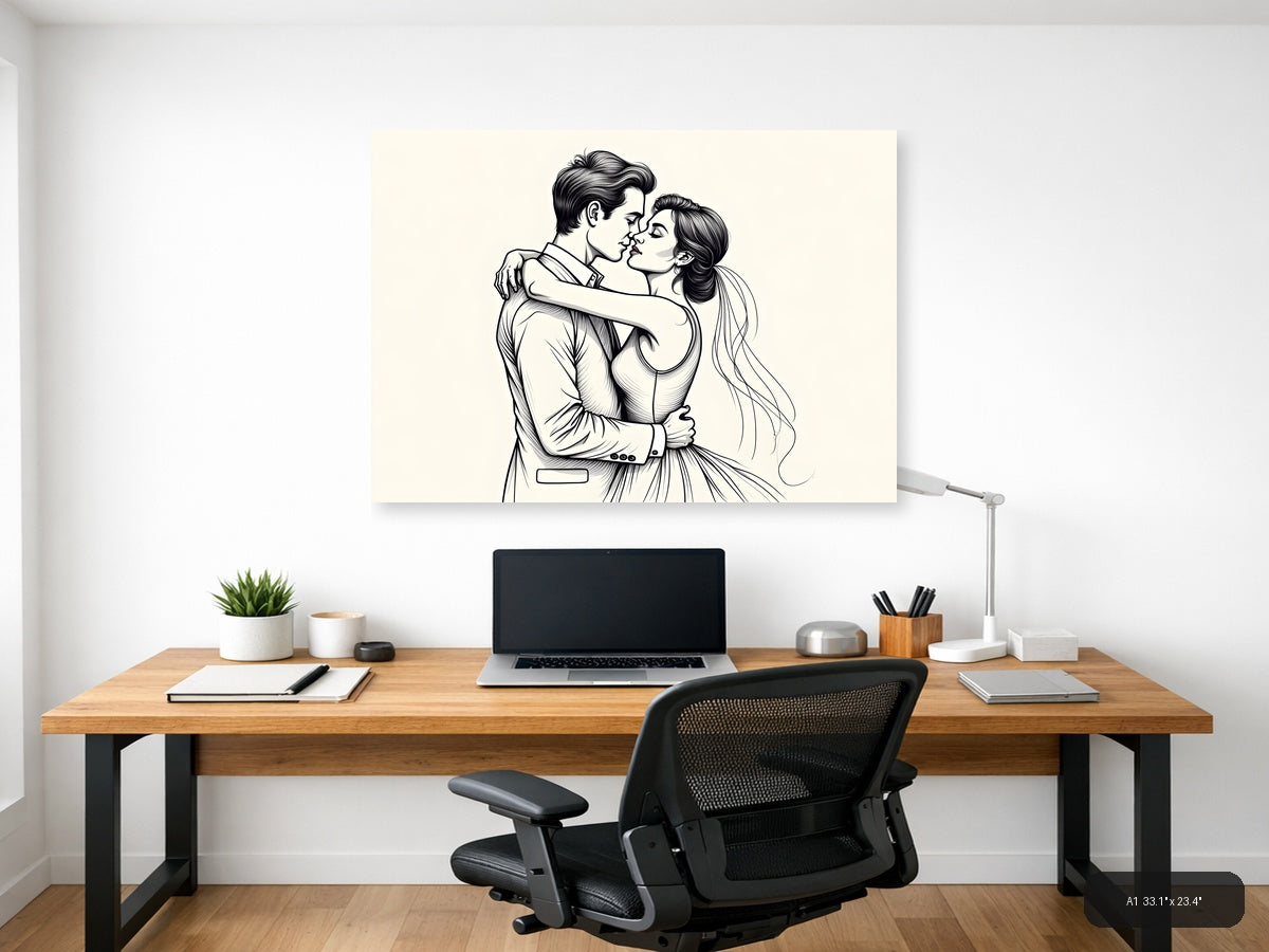 Romantic Couple Embracing Line Art Wall Art — A1 / Office