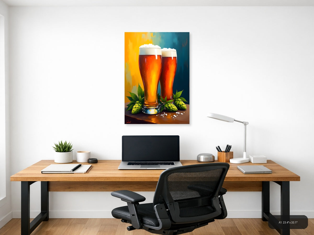 Two Beer Glasses with Hops Abstract Wall Art — A1 / Office